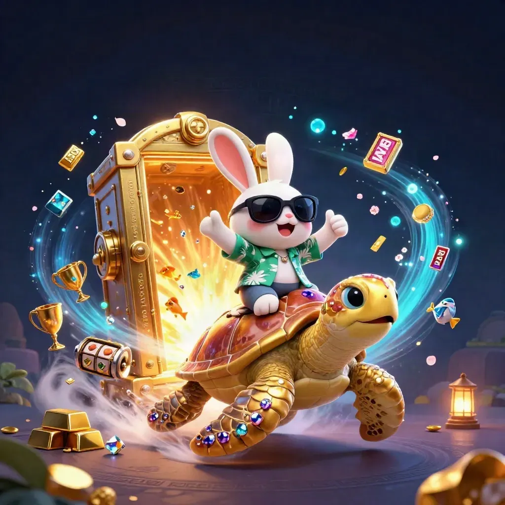 Lucky rabbit rides a gold turtle amid treasure, reels, and neon casino magic.
