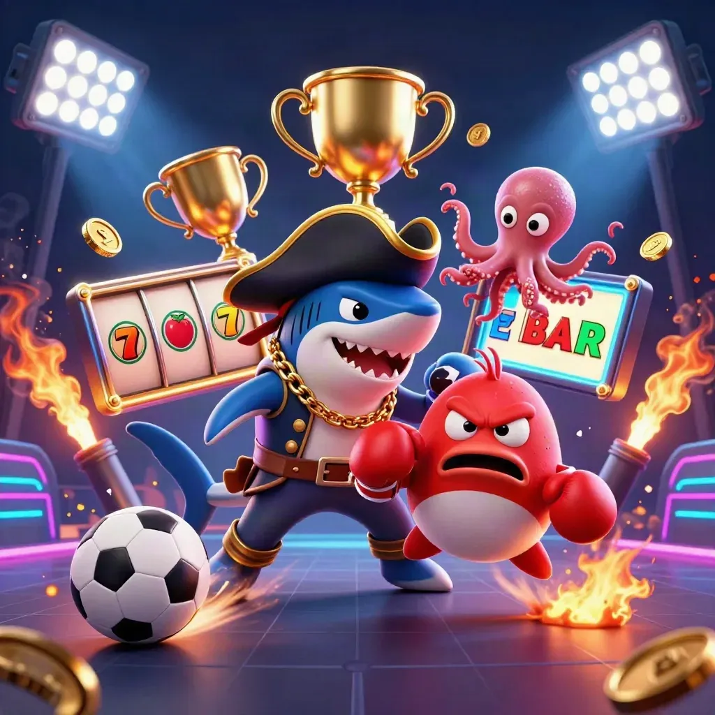 Pirate shark, boxing pufferfish, and coin-juggling octopus amid neon casino chaos.