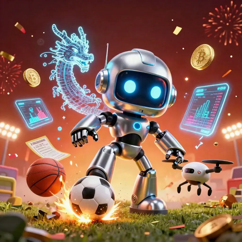 Ground-level soccer blast with robot mascot, holographic dragon, coins, and casino glow.