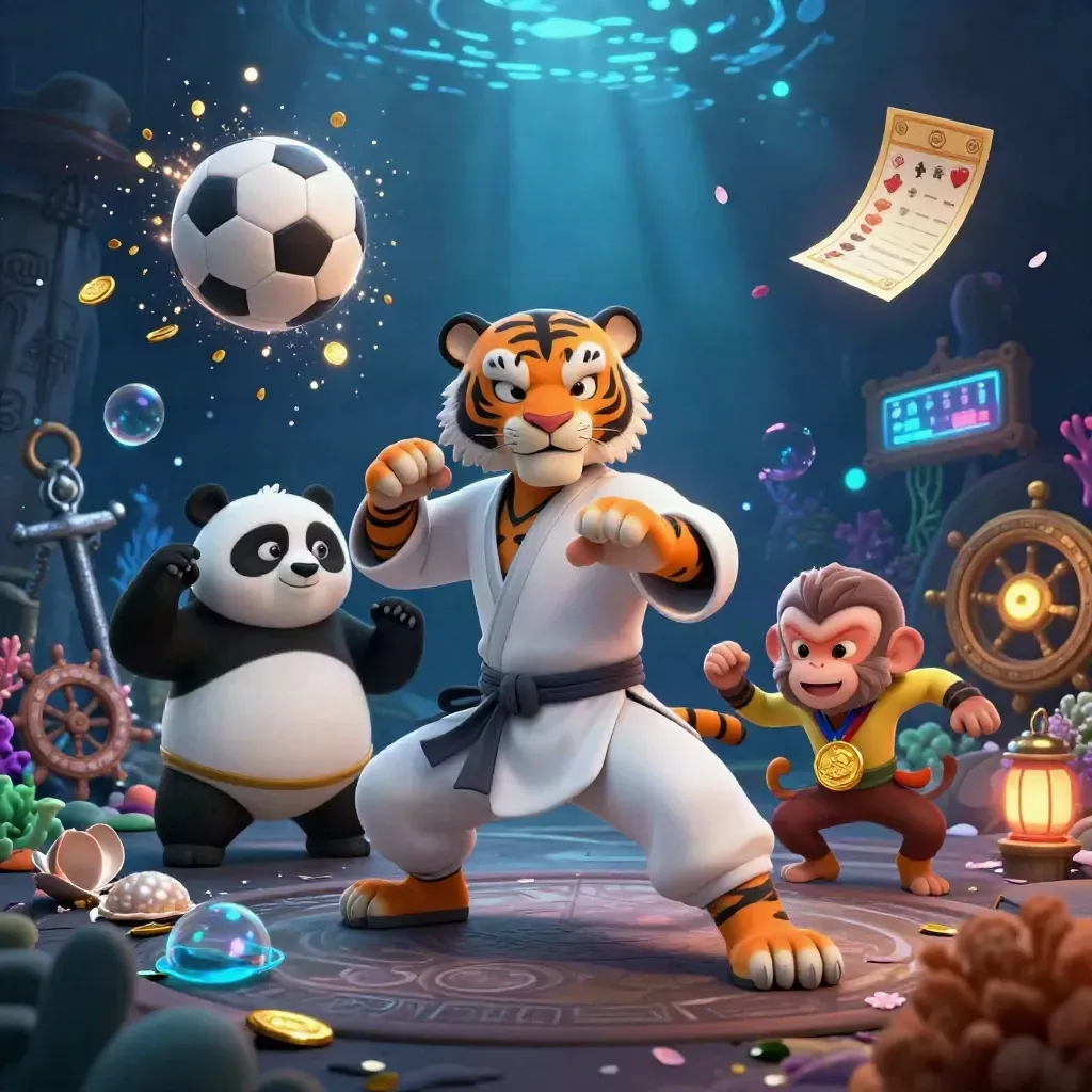 Low-angle AAA key art: kung-fu tiger, panda, monkey, sports balls and treasure cove glow