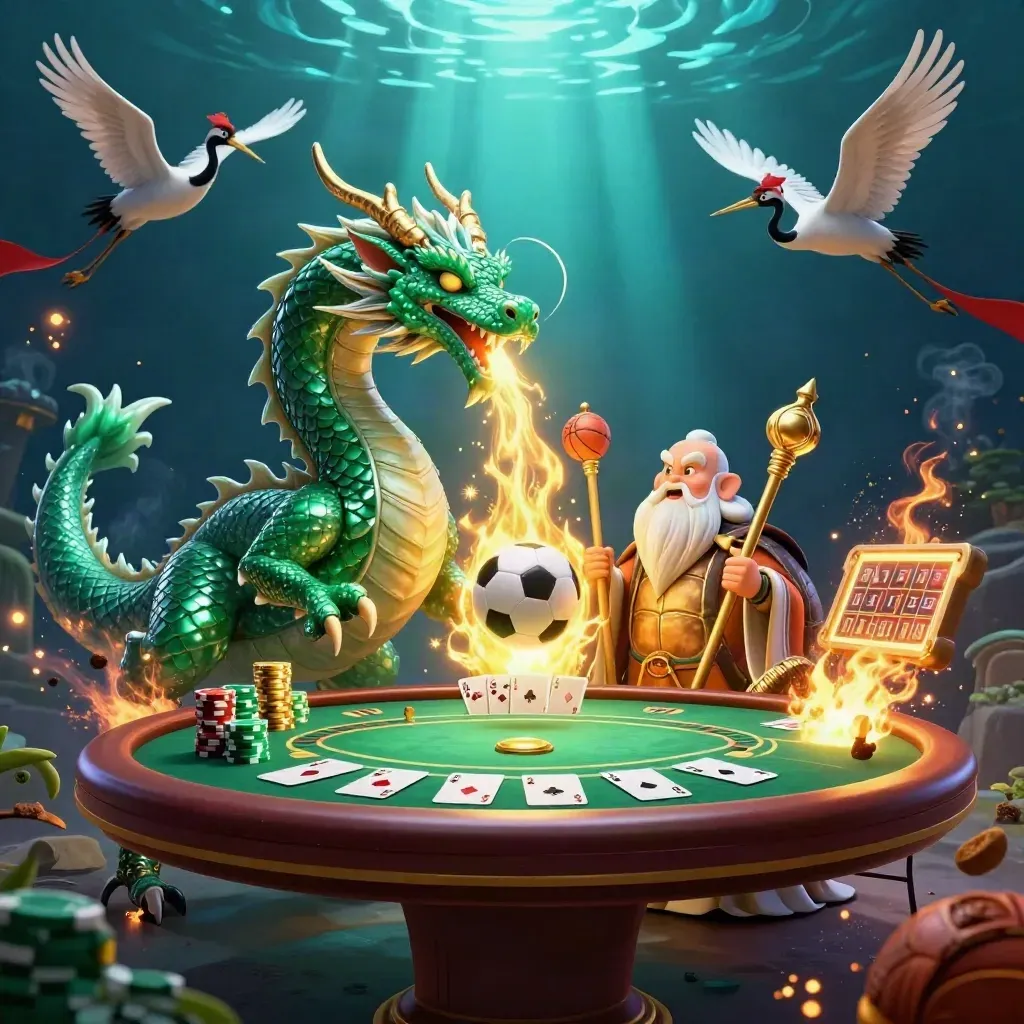 Emerald dragon, turtle sage, and cranes burst through casino props in blue-gold light.