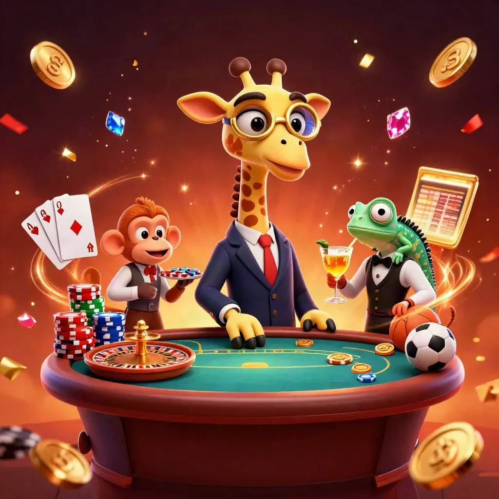 Ground-level casino splash art with giraffe, monkey, chameleon, chips, balls, and golden glow.