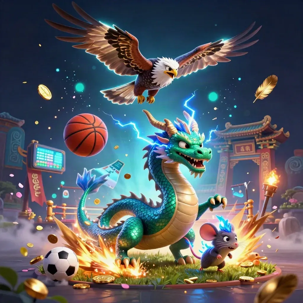 Thunder dragon, wind hawk, and lightning mouse amid sports balls, gold, and casino glow