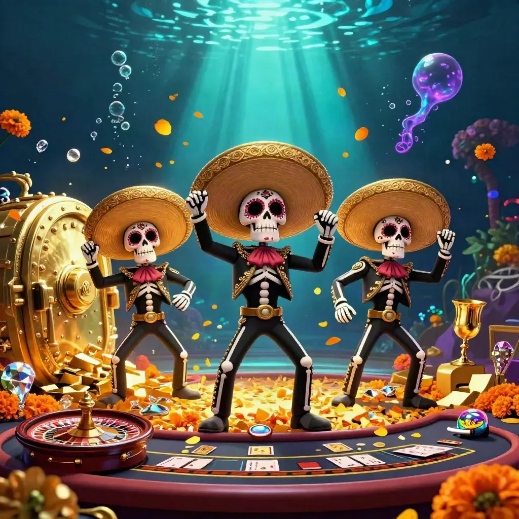 Skeleton mariachi trio in a glowing vault scene with gold, gems, and underwater light rays.