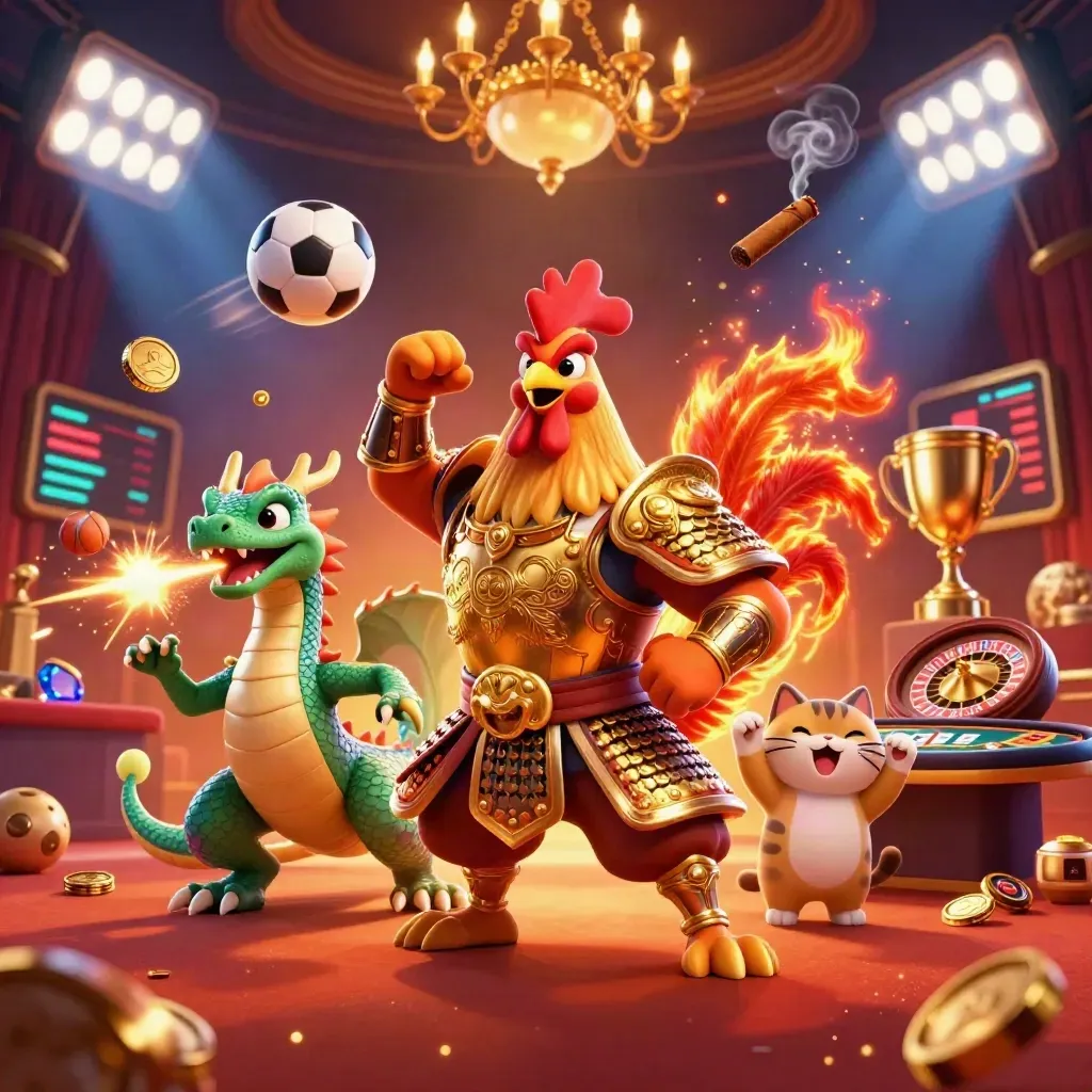 Rooster samurai, dragon hatchling, and fortune-cat in a luxe casino scene with sparks, coins, and glowing lights.