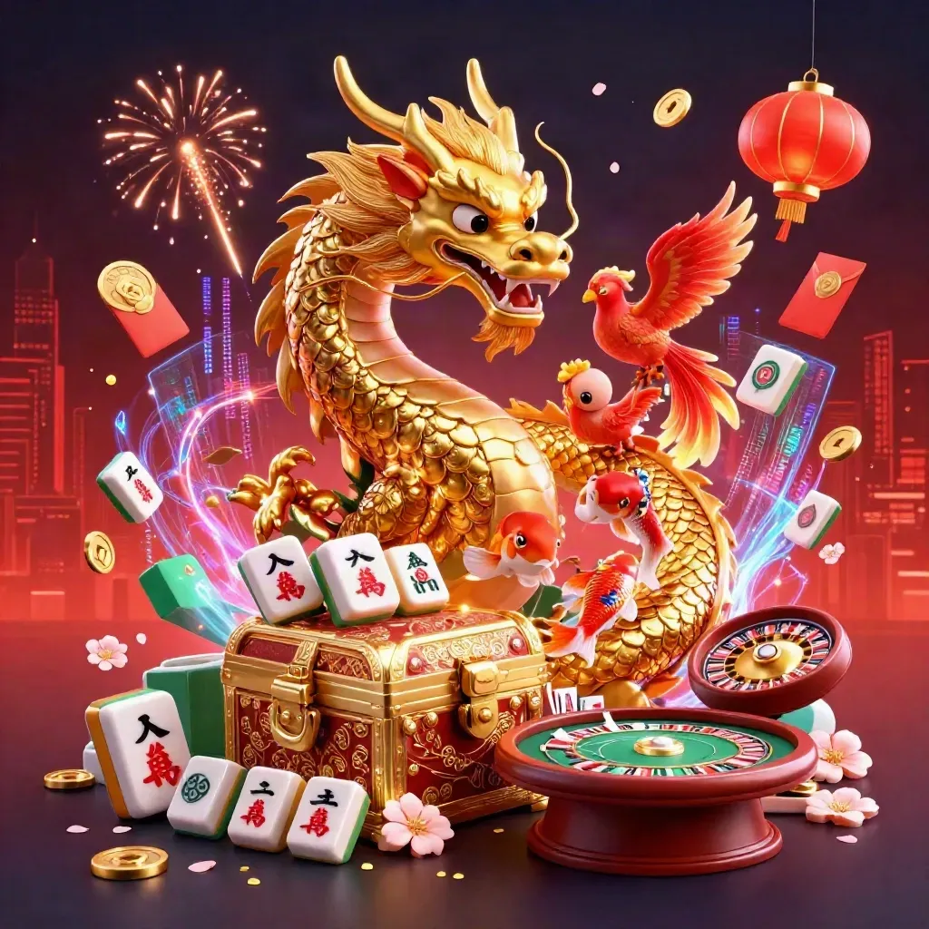 Golden dragon with phoenix, koi, lanterns, coins, and casino lights in a luxe neon scene.