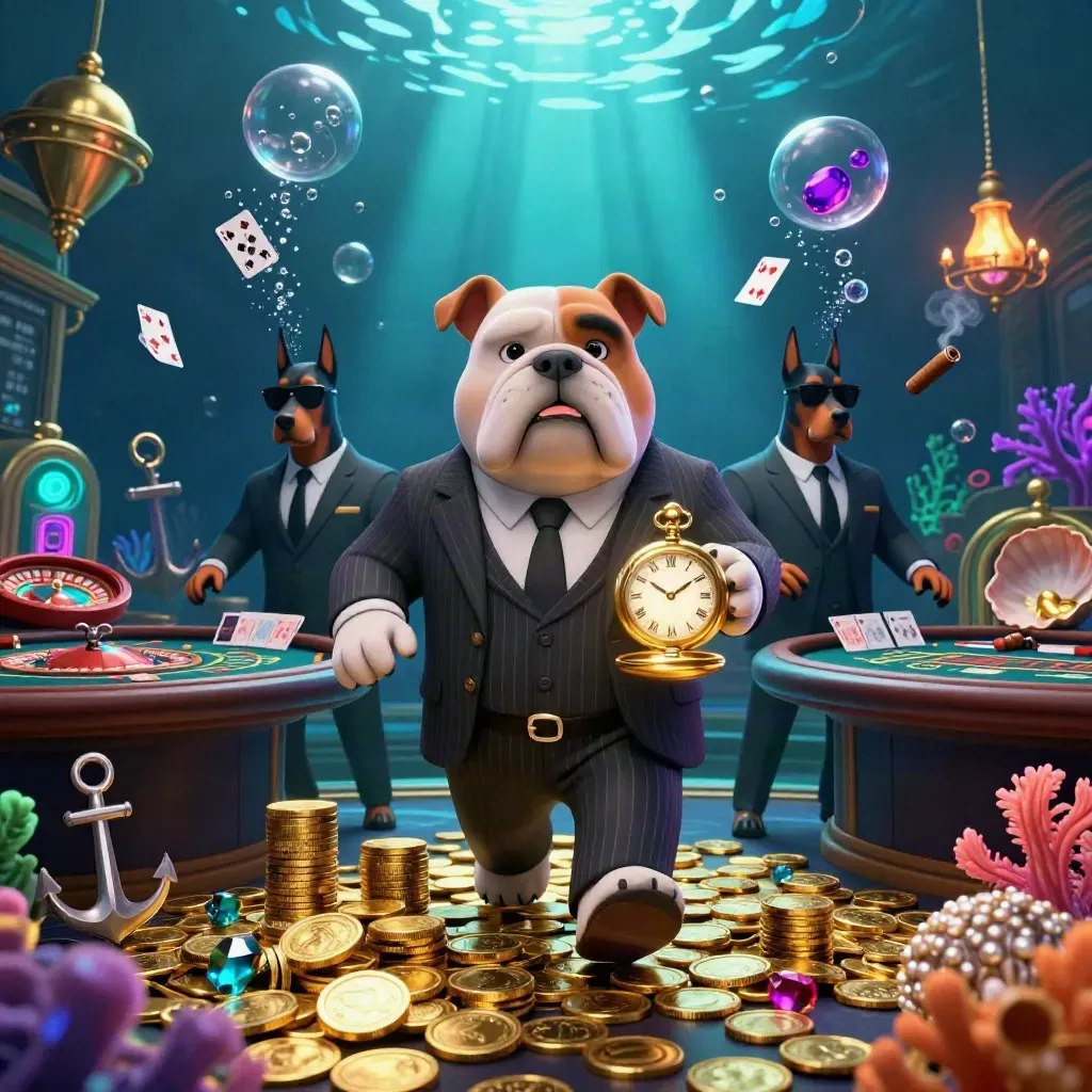 Bulldog boss and Dobermans amid underwater casino treasure, glowing cards, gold coins, and coral.