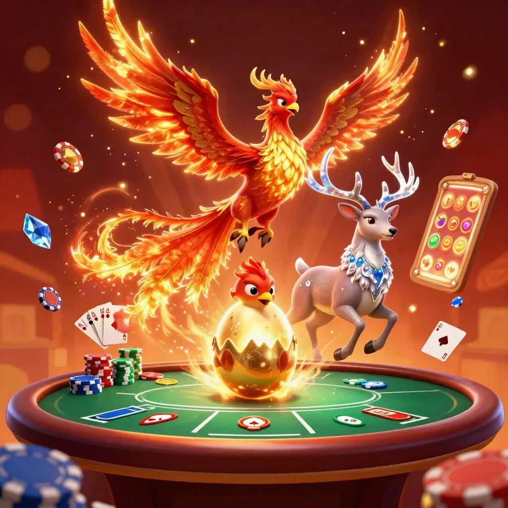 Phoenix, hatching egg, and crystal stag amid poker chips, aces, and golden casino glow.