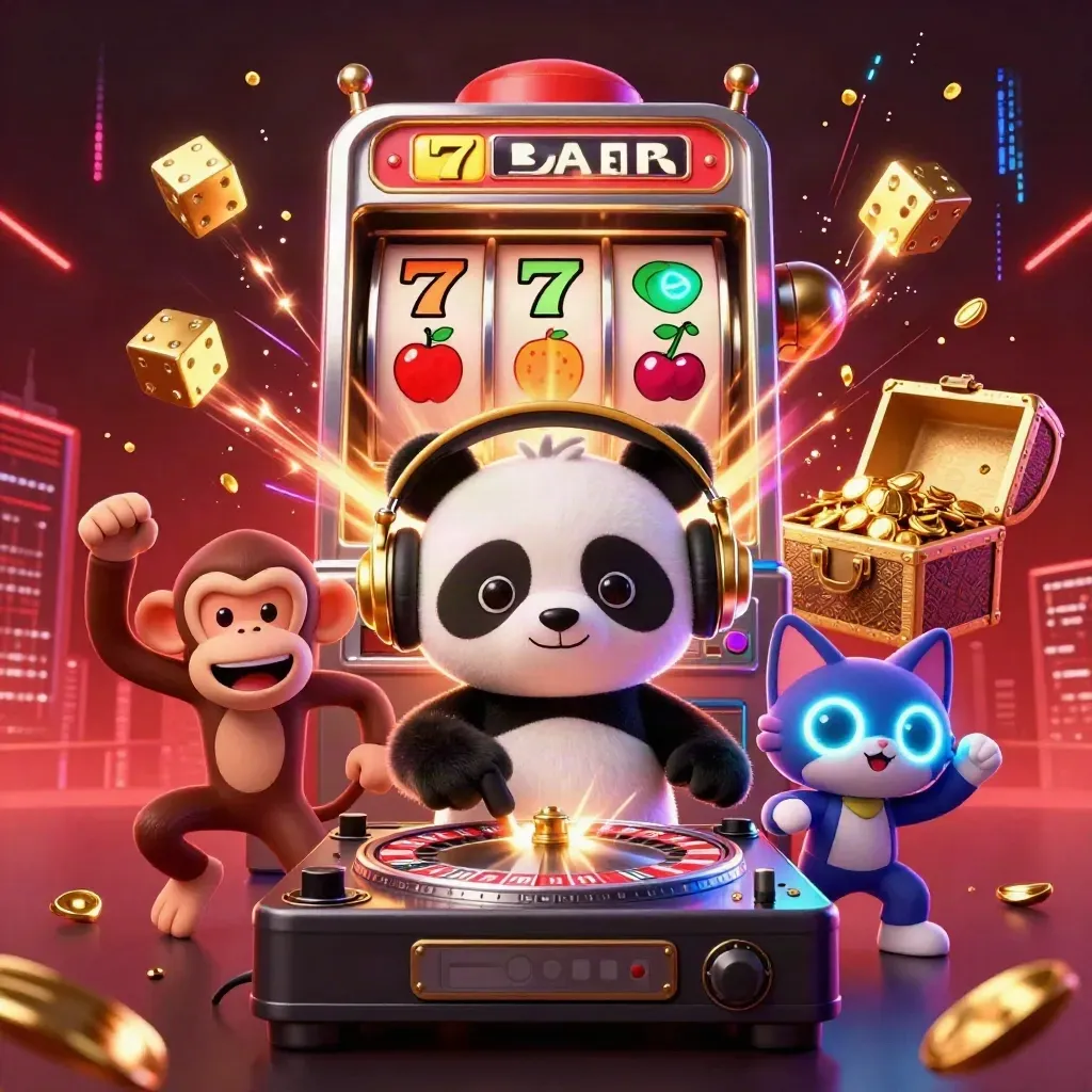 DJ panda, breakdancing monkey, and rave kitten amid gold slot chaos and treasure blasts.