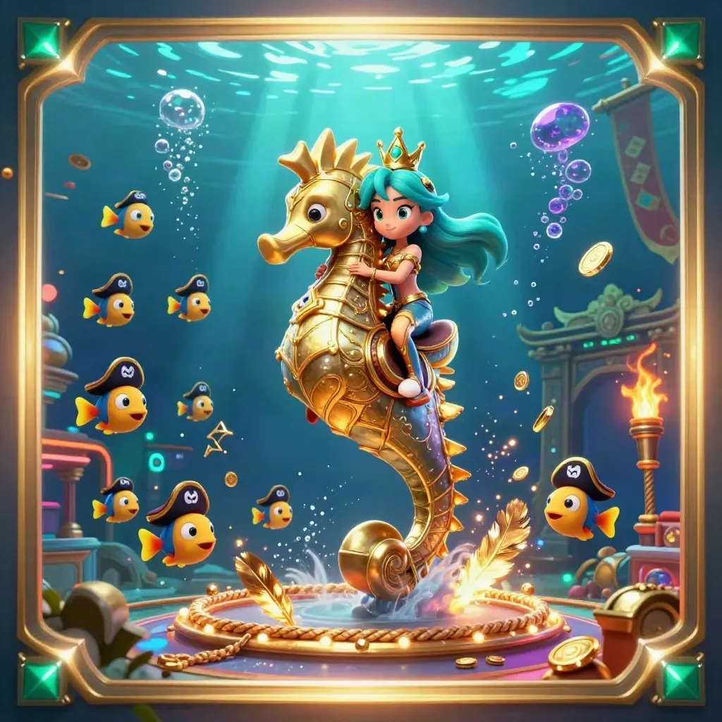 Mermaid princess on gold seahorse with pirate fish in glowing underwater casino fantasy