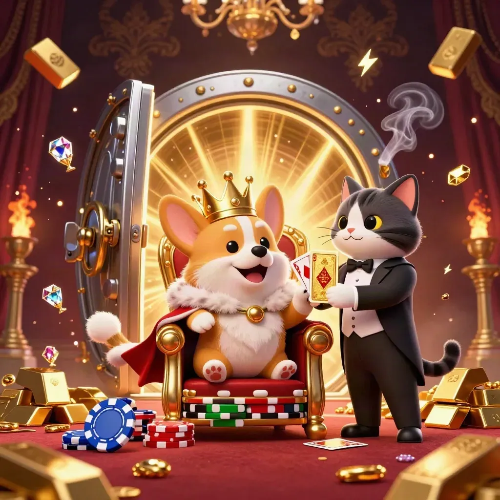 Royal corgi and cat butler burst a treasure vault amid gold, gems, and casino glow.