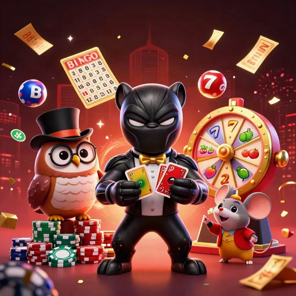 Panther, owl, and mouse casino mascots amid chips, reels, gold tickets, and fireworks.