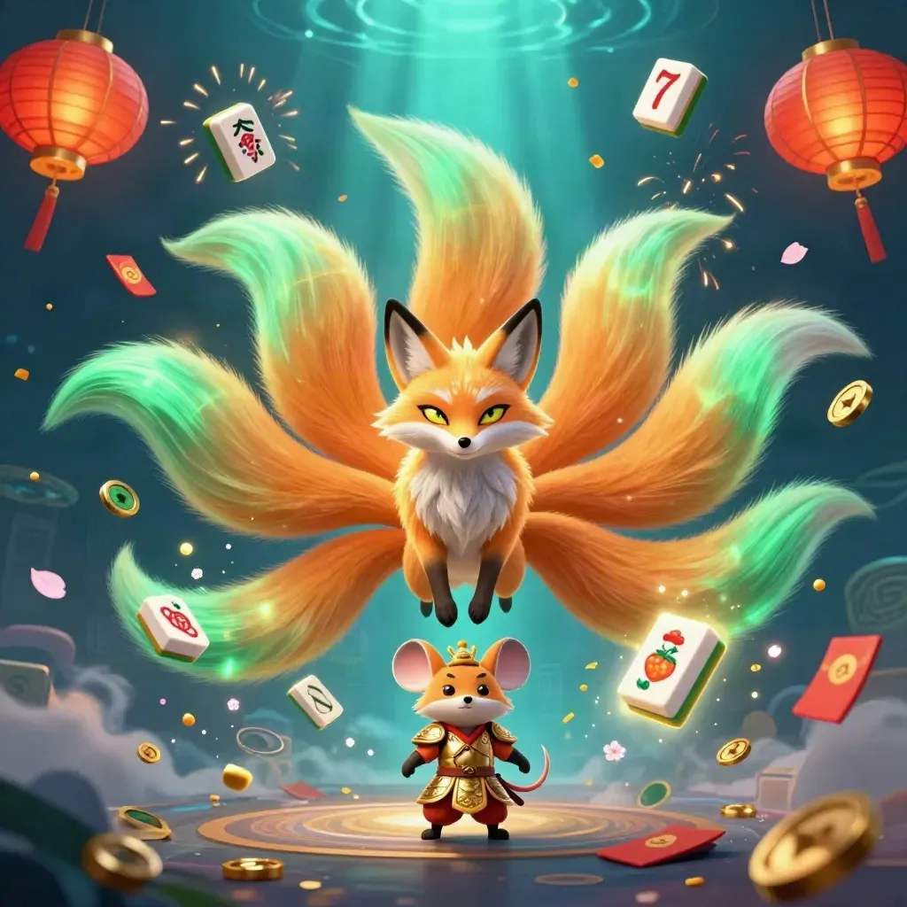 Nine-tailed fox spirit and armored mouse amid neon casino treasure bursts in a teal-blue glow.