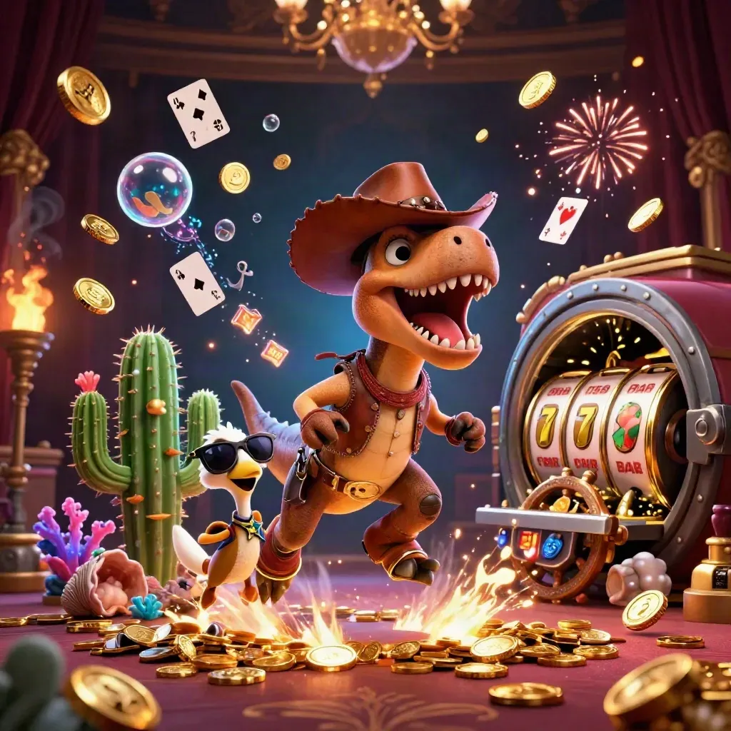 Cartoon T-Rex cowboy with cactus and roadrunner amid coins, reels, coral, and fireworks.
