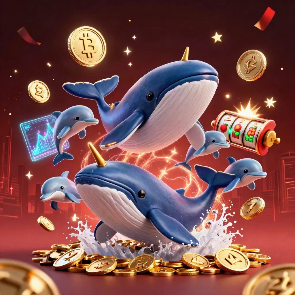 Whale captain, narwhal, and dolphins burst through coins with casino effects and fireworks.