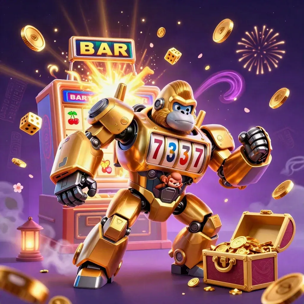 Golden gorilla mech bursts with slot symbols, coins, and treasure in a neon casino glow