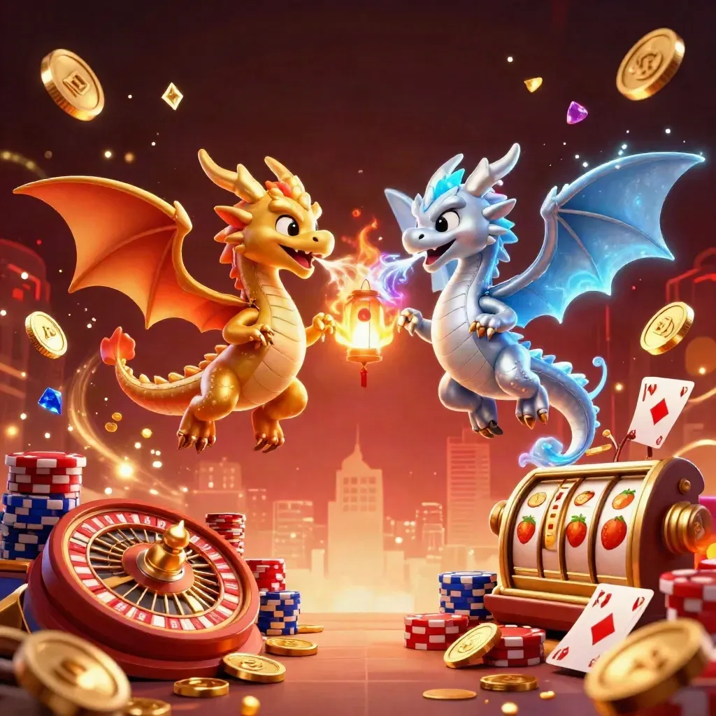Twin gold and silver dragons spiral amid casino coins, cards, reels, and glowing treasure