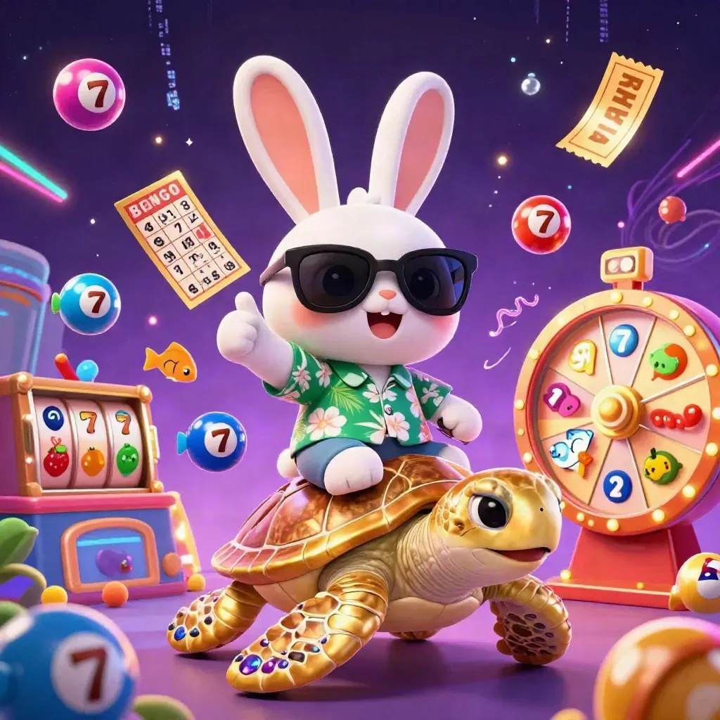 Lucky rabbit rides a jeweled sea turtle amid casino symbols and neon energy