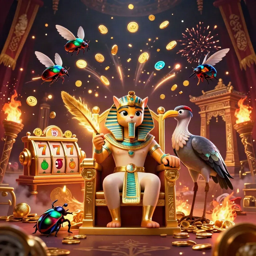 Pharaoh cat, ibis scribe, and gem-wing scarabs amid casino treasures and fireworks