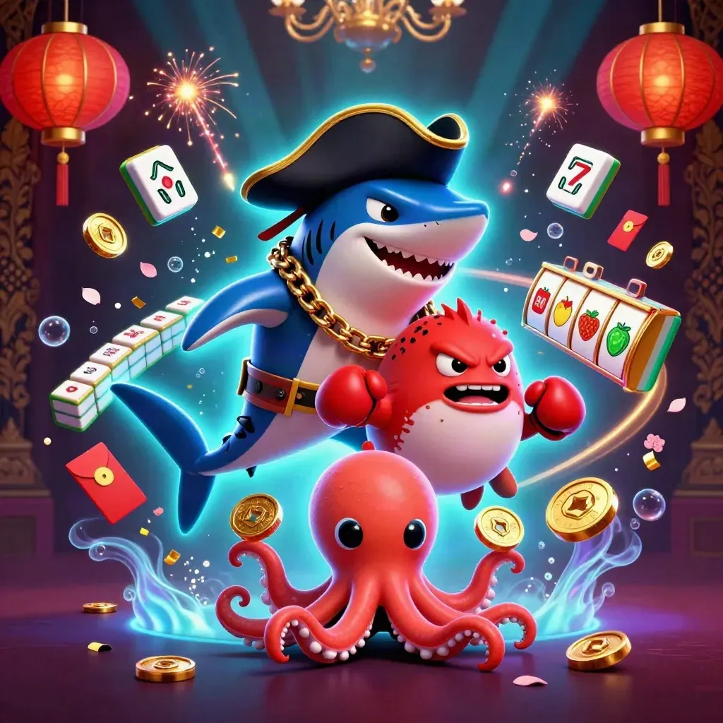 Pirate shark, angry pufferfish, and baby octopus amid casino symbols in luxe neon glow.