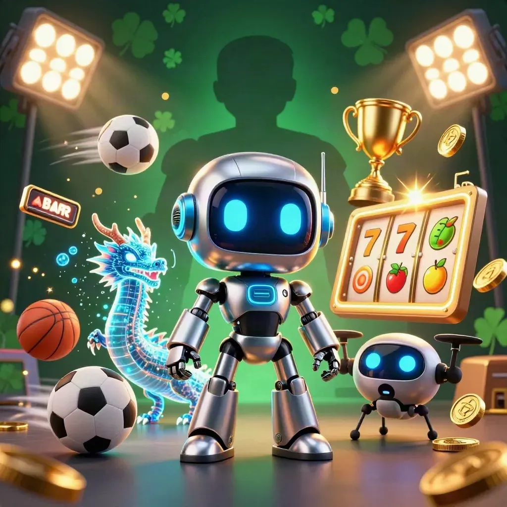 Chrome cyberpunk robot with holographic dragon and coin drone amid casino symbols and golden sparkles.