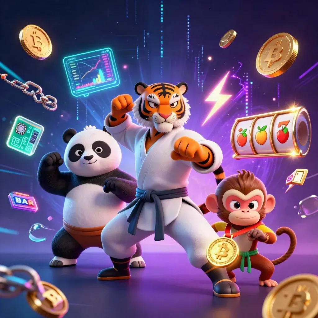Kung-fu tiger, panda, and monkey amid casino coins, slot reels, and electric neon