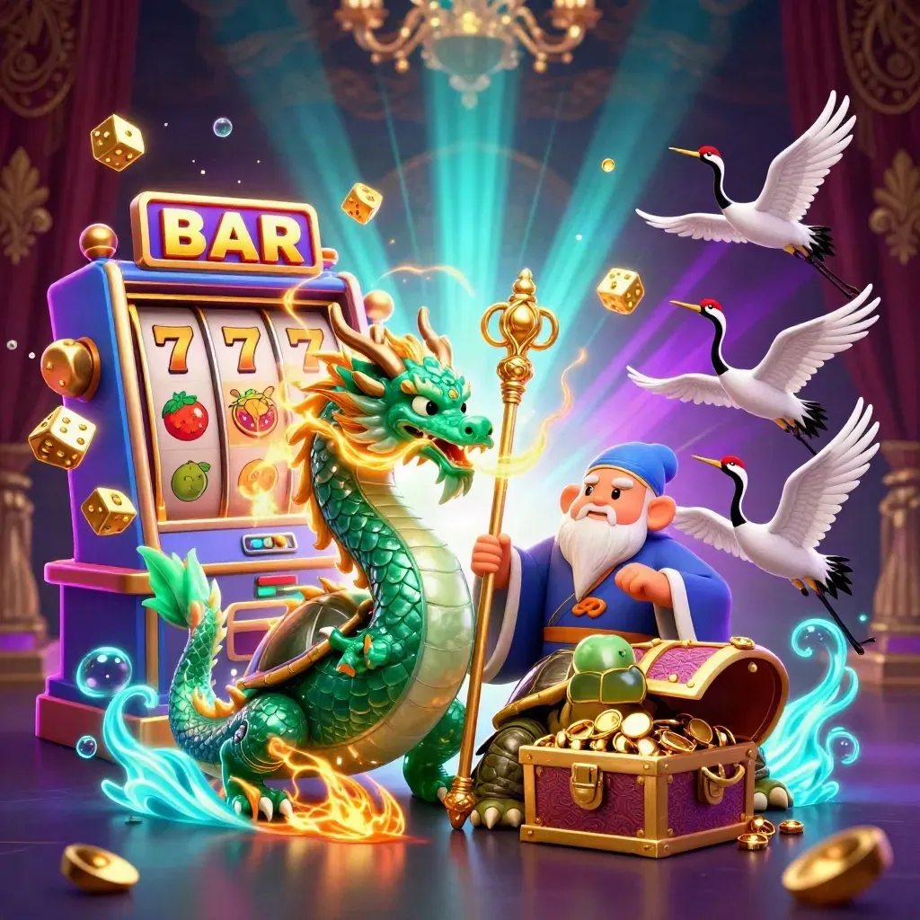 Emerald dragon, turtle sage, and ribboned cranes amid slot symbols, gold bursts, and luxe casino glow.