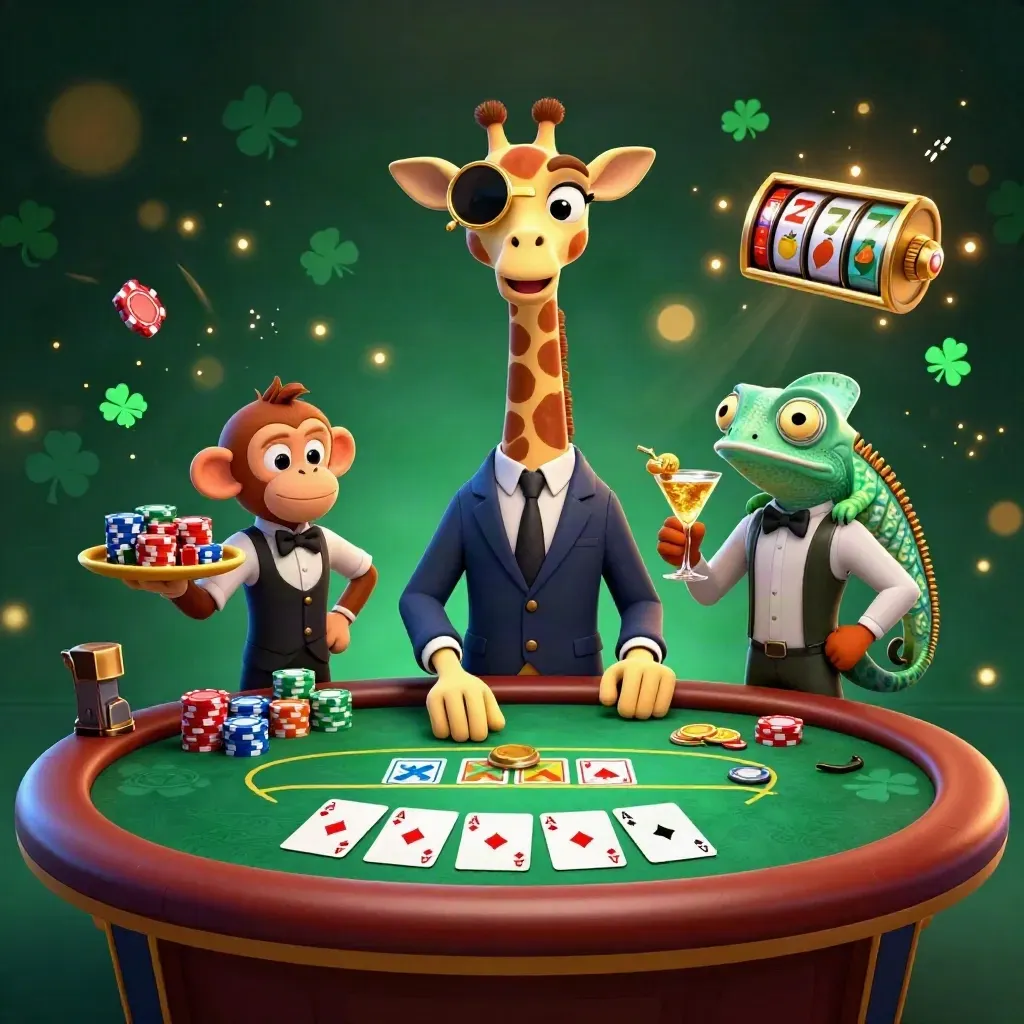Giraffe, monkey, and chameleon at a glowing casino poker table with chips and slot symbols